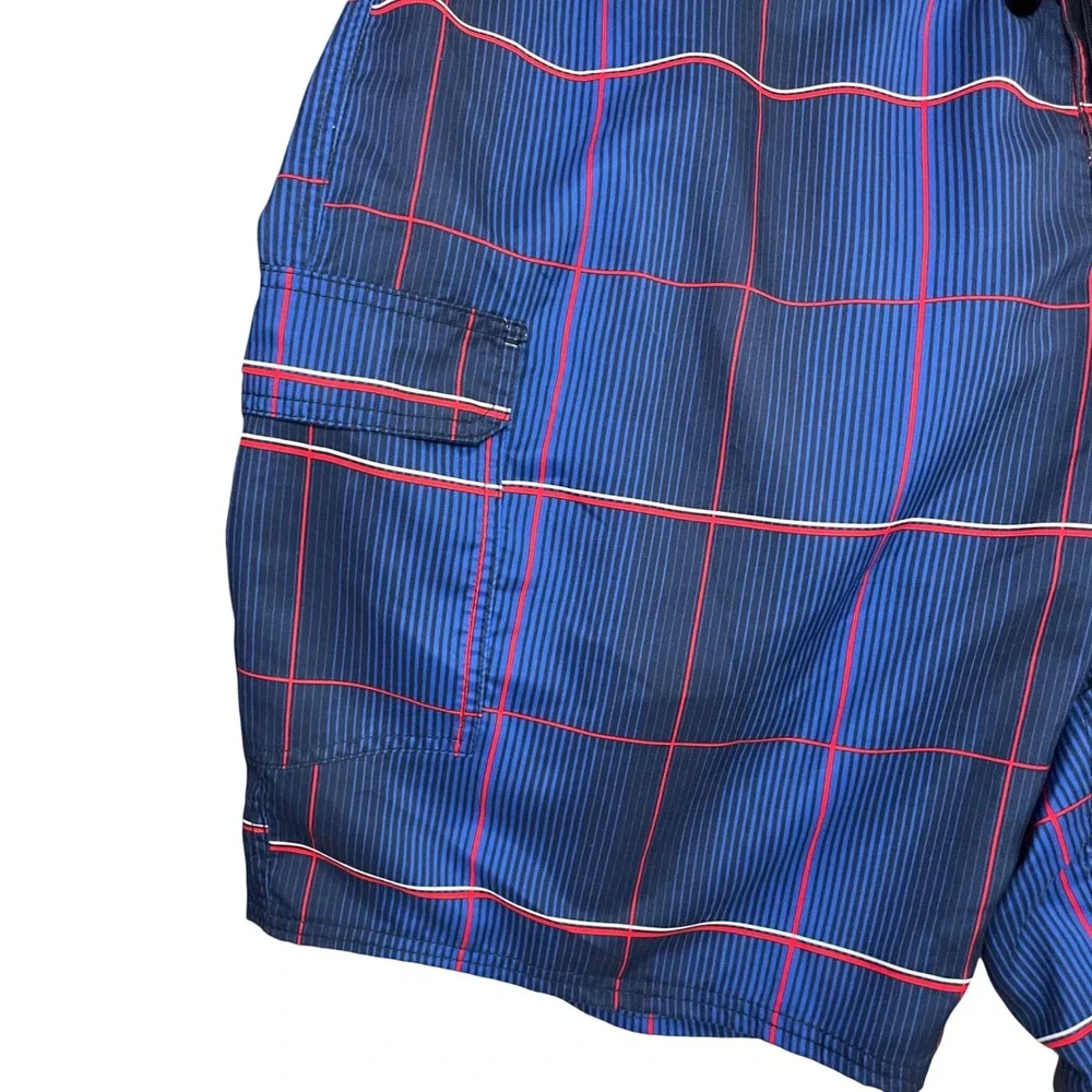 Ocean Pacific Mens‎ 3XL Swim Trunks Dark Navy Red Plaid Cargo Board Shorts 48-50